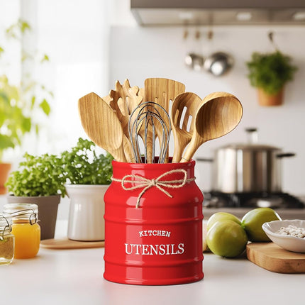 Barnyard Designs Ceramic Farmhouse Utensil Holder for Kitchen Counter, Large Rustic Utensil Crock, Countertop Cooking Tool Spatula Organizer, 6.75”, Red