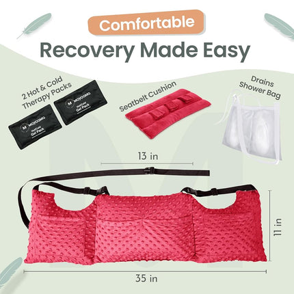 MOYOAMA Post Mastectomy Pillow – Hands-Free Protection with Secure Strap & Easy-Clean Washable Cover Breast Surgery Must Haves,Breast Reduction Recovery Supplies,Breast Augmentation, Bloom Red
