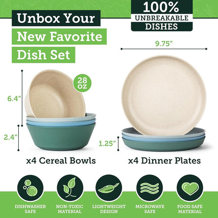 Grow Forward Premium Wheat Straw Plates and Bowls Sets - 8 Unbreakable Microwave Safe Dishes - Reusable Wheat Straw Dinnerware Sets - Plastic Plates and Bowls Alternative for Camping, RV - Oasis