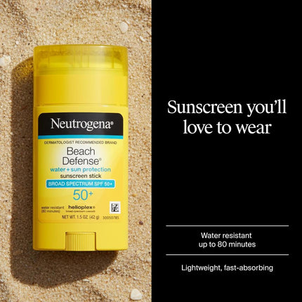 Neutrogena Beach Defense protector solar en barra con amplio espectro SPF 50+, protector solar ligero resistente al agua con fórmula sin aceite y sin PABA, 42 g