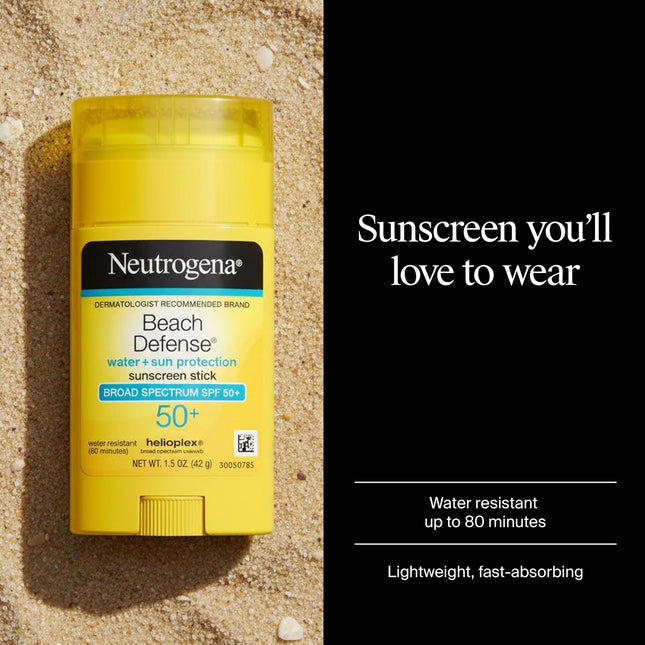 Neutrogena Beach Defense protector solar en barra con amplio espectro SPF 50+, protector solar ligero resistente al agua con fórmula sin aceite y sin PABA, 42 g