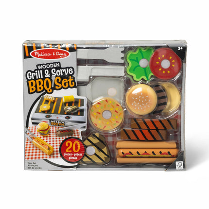 Melissa & Doug 9280 Grill and Serve BBQ Set (20 pcs) -Wooden Play Food and Accessories, Multi-Colored, 1 EA