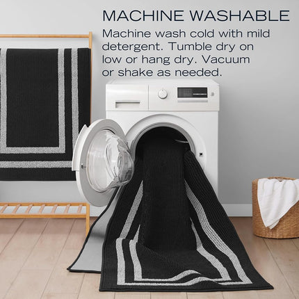 Nautica – Runner Rug | Indoor Runners for Hallways and Entry Rugs| Non-Slip and Non-Skid Entry and Kitchen Door Mat| Machine Washable Entryway Carpet Rugs |26” x 45” | Double Border Dark Grey