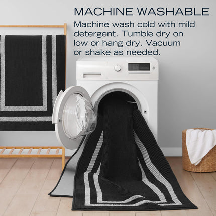Nautica – Runner Rug | Indoor Runners for Hallways and Entry Rugs| Non-Slip and Non-Skid Entry and Kitchen Door Mat| Machine Washable Entryway Carpet Rugs |26” x 60” | Double Border Dark Grey