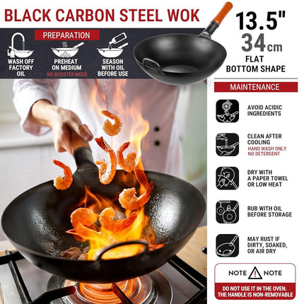 YOSUKATA 34 cm Pre-Seasoned Flat Bottom Black Carbon Steel Wok for Stir Fry
