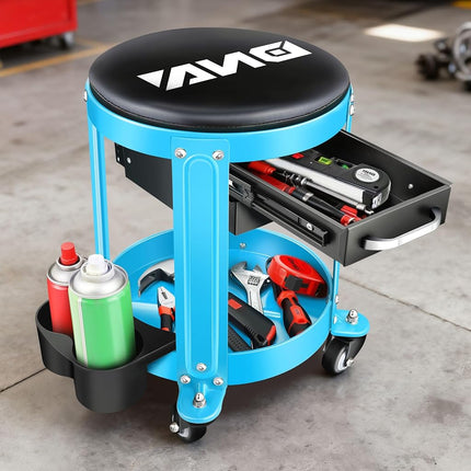 DNA MOTORING Round Mechanics Roller Seat Creeper Stool with Padded Cushion, Tool Storage Drawer & Tray, 300 Lbs Max Weight Capacity, Blue, TOOLS-00492