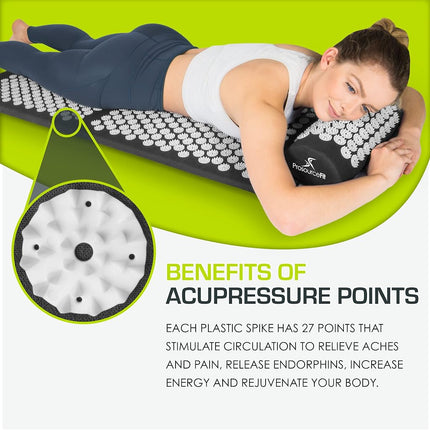 ProsourceFit Acupressure Mat and Pillow Set for Back/Neck Pain Relief and Muscle Relaxation, XL - Black/White