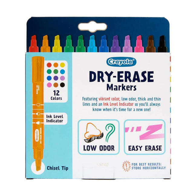 Crayola Low Odor Dry Erase Markers, Chisel Tip, Assorted Colors, 12Count
