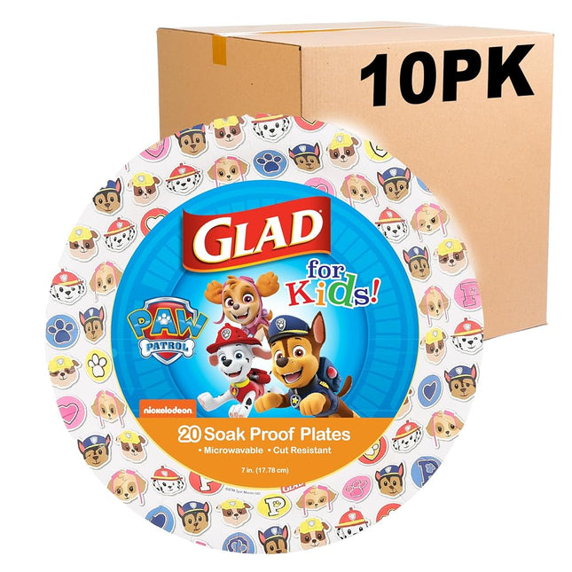 Glad for Kids Paw Patrol Emoji Disposable Paper Plates - Soak Proof, Microwave Safe Snack Plates, Kid Friendly Dinnerware for Everyday Use, 7 Inch, 20 Count (Pack of 10)