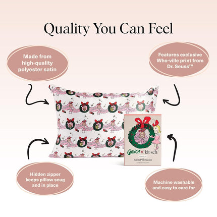 The Grinch x Kitsch Satin Pillowcase with Zipper for Hair & Skin - Softer Than Silk Pillow Cases, Smooth Cooling Pillow Cover, Wrinkle-Free, Machine Washable, Queen/Standard (19x26)- Cindy Lou