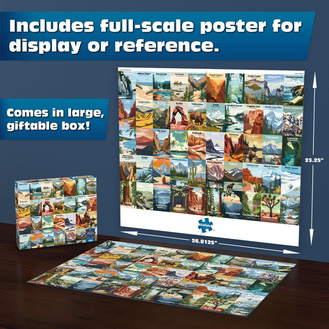 Buffalo Games - Sapphire Select - Our National Parks - 1000 Piece Jigsaw Puzzle – Challenging & Fun – Blue Backed Puzzle Board – Giftable Display Box - Full Size Poster Included