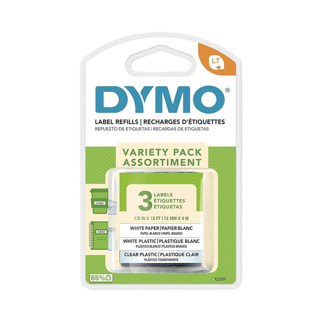 DYMO LetraTag Labeling Tape for LetraTag Label Makers, Black Print on White Paper, White Plastic and Clear Plastic Tapes, 1/2'' W x 13' L, 3 Rolls (12331)