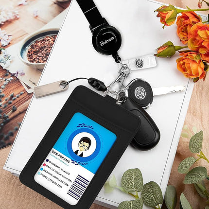 bolimoss Black Leather Badge Holder with Retractable Reel, Quick Release Buckle and Safety Adjustable Breakaway Lanyards with Swivel Metal Clasp Lanyard for Teacher Students Offices Staff Nurse