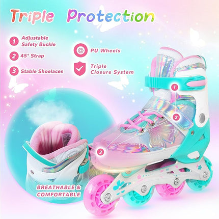 Kids Inline Skates for Girls Boys - Teal Blades Roller for Kids Youth Age 7 8 9 10 - Adjustable All Light up Wheels Indoor Outdoor Sports