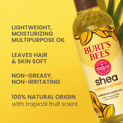 Burt's Bees Aceite Corporal Luminoso de Karité + Frutas Tropicales, No Grasoso, Rico en Antioxidantes para una Piel Radiante, No Irritante, Cuidado de la Piel de Origen Natural, 8 oz.