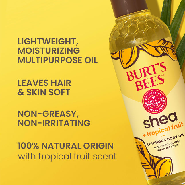 Huile corporelle lumineuse karité + fruits tropicaux Burt's Bees, non grasse, riche en antioxydants pour une peau éclatante, non irritante, soins de la peau d'origine naturelle, 236 ml.