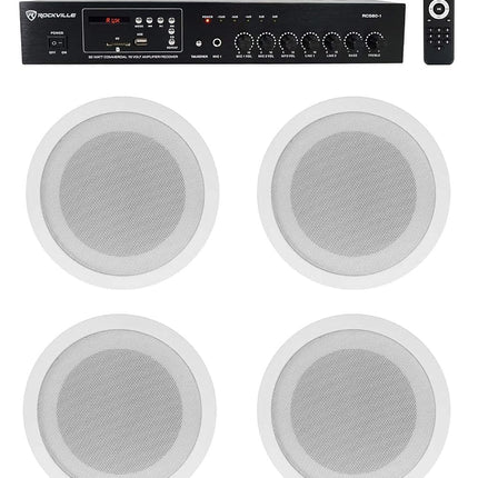 Rockville Commercial Audio Bundle: (4) CCL5T White 5" 70V Ceiling Speakers, Multi-Tap, Flush Mount with RCS80-1 60-Watt 70V Amplifier/Bluetooth Receiver for Restaurant or Office, 5-Items