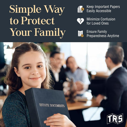 TRS Estate Planning Binder Kit – Pre-Labeled Tabs, Sheet Protectors | 1.5" D-Ring Stitched Faux Leather Organizer for Wills, Trusts, Power of Attorney & End-of-Life Planning | Silver on Navy