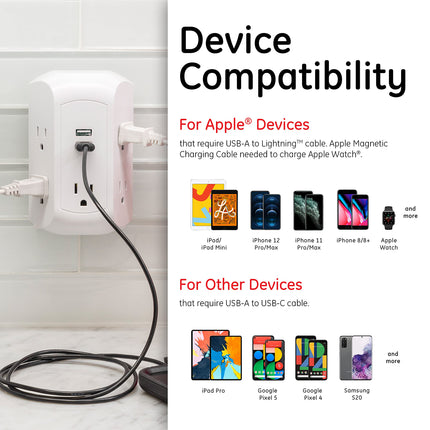 GE Adaptador de salida con protector de sobretensión 5 2, 560 julios, estación de carga rápida, puertos USB-A de 12 W, acceso lateral, compatible con Apple iPhone, iPad, Samsung Galaxy, Google Pixel, blanco, 58297