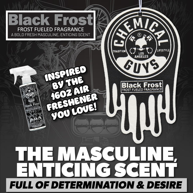 Chemical Guys Black Frost Ambientador y Eliminador de Olores, Spray de 473 ml con Paquete de 3 Ambientadores Colgantes (Ideal para Coches, Camiones, SUV, Caravanas, Hogar, Oficina, Dormitorio y Más) - HOL432
