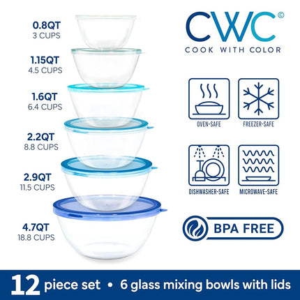 COOK WITH COLOR 12 Pc Glass Mixing Bowl Set with Lids – Borosilicate Glass Nesting Bowls for Cooking, Baking and Meal Prep, Blue