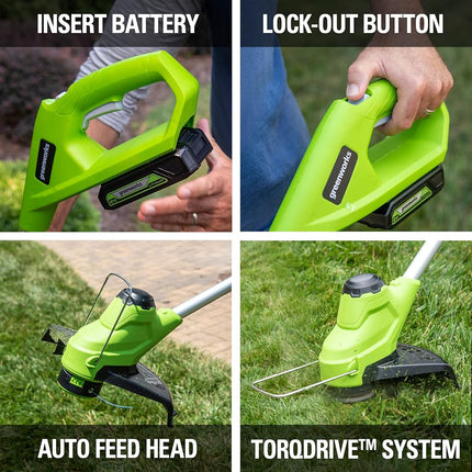 Greenworks 24V 10" Cordless TORQDRIVE� String Trimmer, 2.0Ah Battery and Charger Included