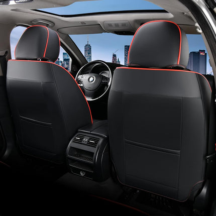 FLORICH Fundas de Asiento de Cuero, 2 Piezas Delanteras, Impermeables, Ajuste Universal para la Mayoría de Camionetas SUV (Negro y Línea Roja)