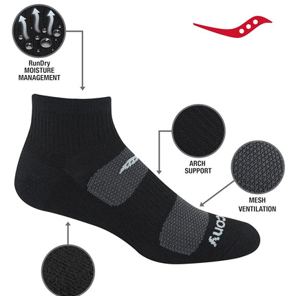 Saucony Men's Rundry Mesh Ventilating Comfort Fit Performance Quarter Socks (6, 12 Running, Black (6 Pairs), Large (Pack of 12)