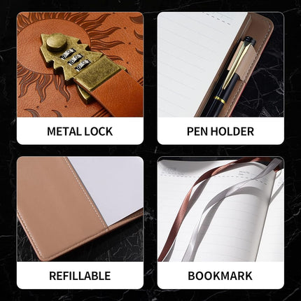 ZXHQ Lockable Diary for Women & Men, A5 Ruled 240 Pages PU Leather Journal with Lock, Refillable Leather Journal Password Notebook for Writing, Size A5(8.5 × 5.9 Inch) SandyBrown