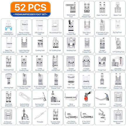 Professional Domestic 52 PCS Sewing Machine Sewing Foot Presser Foot Presser Feet Set for Brother, Singer, Babylock, Janome, Elna, Toyota, New Home, Simplicity and Kenmore Low Shank Sewing Machines