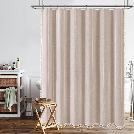 BTTN 72 x 80 Boho Linen Heavy Duty Cloth Shower Curtain Set, Tan/Taupe