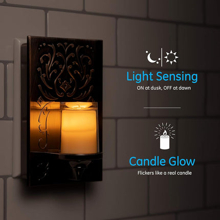 GE LED CandleLite Night Light, Plug-in, Dusk-to-Dawn Sensor, Auto On/Off, Flickers Like a Real Candle, Warm Amber Light, Energy Efficient, Guide Light, Decorative, Oil-Rubbed Bronze Finish, 11258