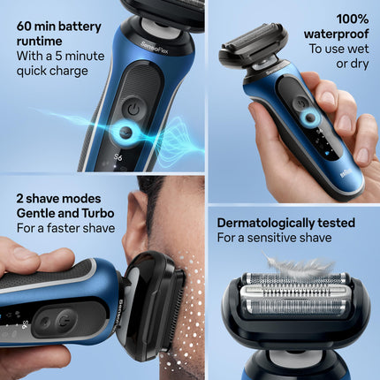 Afeitadora eléctrica Braun para hombre, Serie 6 6177cc, Afeitado en seco y húmedo, Modos de afeitado turbo y suave, Afeitadora de láminas, Azul