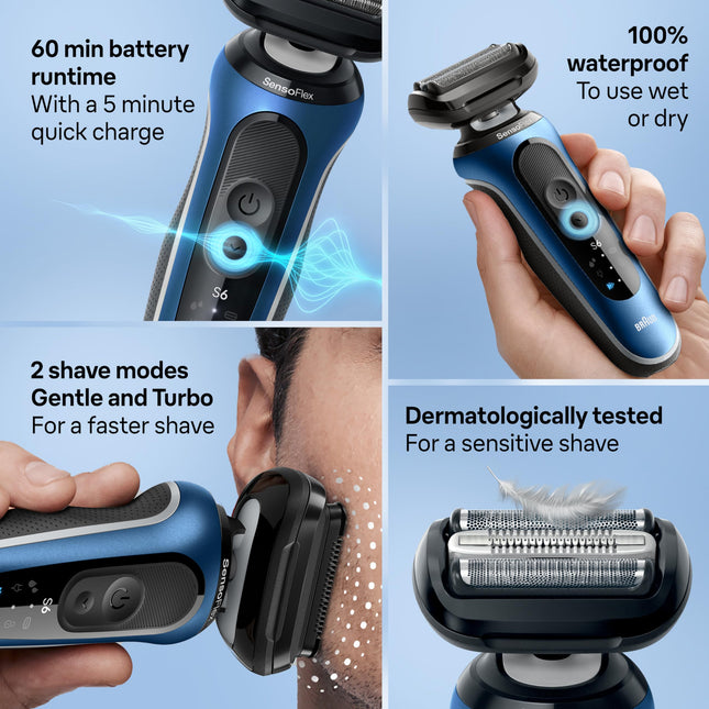 Rasoir électrique pour homme Braun Series 6 6177cc, rasage à sec et humide, modes de rasage turbo et doux, rasoir à grille, bleu