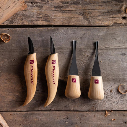 Flexcut Wood Carving Tools Beginner Palm & Knife Set KN600 | Includes Cutting Knife and Detail Knife Plus Two Palm Tools | 1095 High Carbon Steel Blades and Ergonomic Ashwood Handles