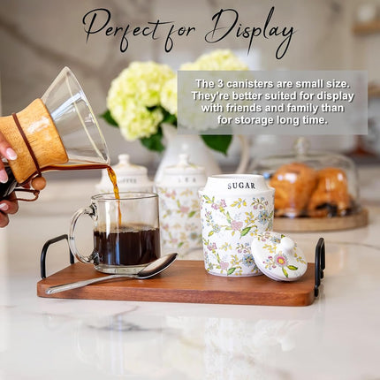 25DOL Coffee Tea Sugar Canister Set with Airtight Lids - Elegant Flower Kitchen Canisters Set of 3 Pantry Jars Containers - Decorative Ceramic Canister Set for Countertop or Coffee Bar - 13.5 Ounce …