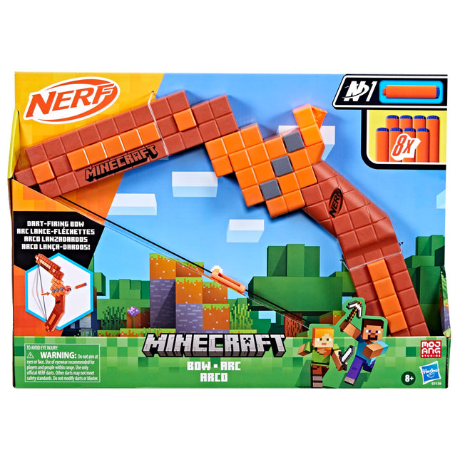 Lanzador de dardos Nerf Minecraft Bow, cebado con cuerda de retroceso, 8 dardos N1, para mayores de 8 años
