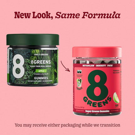 8Greens Daily Greens Gummies - Superfood Booster, Energy & Immune Support, Made with Real Greens, Greens Powder, Vitamin C, B12, Spirulina - Apple, 50 Count