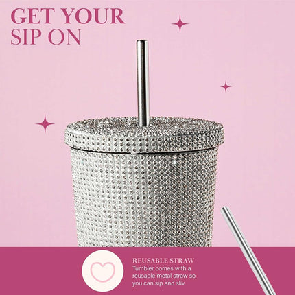Paris Hilton Diamond Bling Water Tumbler with Lid and Straw, Vacuum Insulated Stainless Steel, Bedazzled with Over 3700 Rhinestones, 16.9-Ounce, Silver