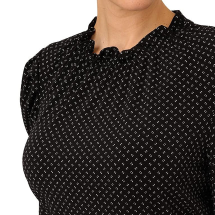 Adrianna Papell Women's Ruffle Neck Short Sleeve Dress, Black/Ivory Outline Dot, S