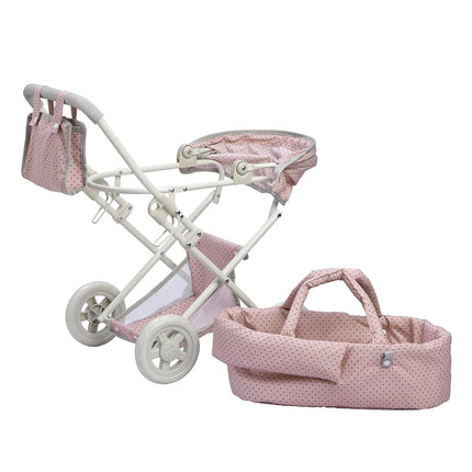 Olivia's Little World Buggy-Style Baby Doll Pram with Retractable Canopy, Storage Underneath, Detachable Bassinet, Travel Nursery Bag, Comfortable to Push, Pink and Grey