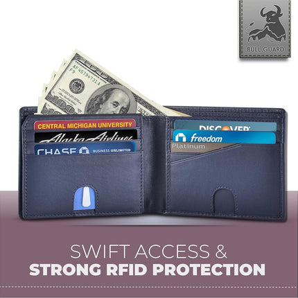 RFID Bifold Leather Wallet for Men with Flip Up ID in Vintage Buffalo Brown, Power Blue - Storm Cloud Blue, S, Modern