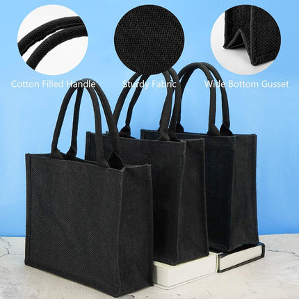 Segarty Tote Bags, 3 Pack Large Black Burlap Jute Reusable Canvas Gift Favors Bag with Handles Blank Tote Bulk for Bridesmaid Wedding, Women Market Grocery Shopping, Bachelorette Party, Beach Trip