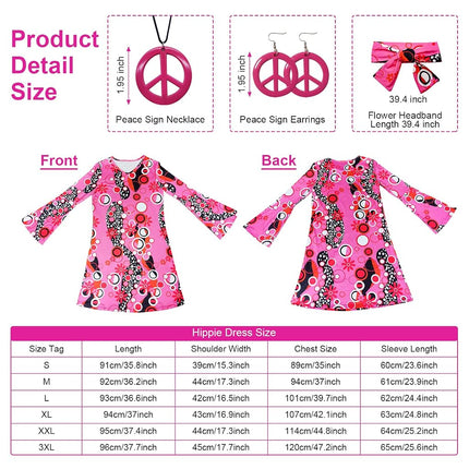MRYUWB 70s Hippie Dress Costumes Necklace Earrings Sunglass Women Disco Outfit, 60s Party Costume, Halloween Retro Dresses (Pink, M)