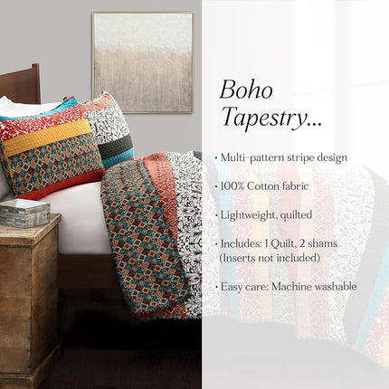 Lush Decor Quilt Reversible 3 Piece Bohemian Design Bedding Set, Cotton, Turquoise & Tangerine, Full/Queen