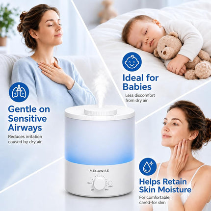 MegaWise 1.8L Humidifiers for Bedroom, Top Fill Ultrasonic Cool Mist Humidifier with 360° Nozzle, 28dB Quiet Humidifier for Babies, Auto Shut-Off, BPA-Free, Easy Clean for Home Office Nursery