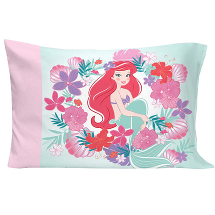 Juego de cama de 4 piezas para niños pequeños Disney Ariel Sea Garden - Edredón, sábana bajera, sábana encimera, funda de almohada reversible de tamaño estándar, rosa y aguamarina, rosa, aguamarina, naranja, blanco