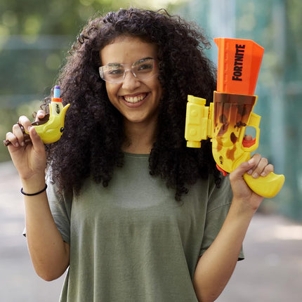 Nerf Fortnite Peely Launcher Set of 2 - Includes 4-Dart SR-Ripe Launcher with Hammer, Micro Peely Launcher and 10 Official Elite Darts