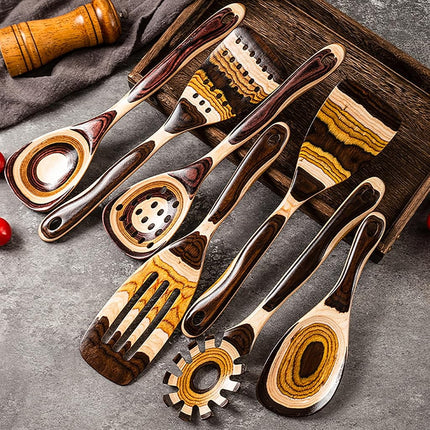 Gudamaye 7-Piece Brown Wooden Cooking Spoon Set – Eco-Friendly, Non-Stick, Heat Resistant
