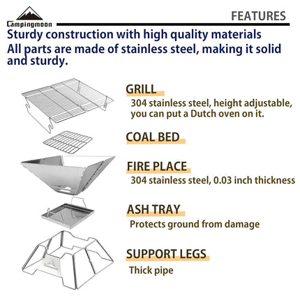 CAMPINGMOON Portable Campfire BBQ Grill 14 Inch Stainless Steel Folding Fire Pit Wood Burning Adjustable Height Outdoor Cooking RV Camping Carry Bag MT-2